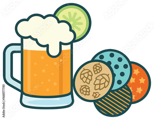 Beer mug with frothy head and coasters vector - oktoberfest celebration concept