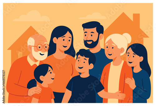 Family unity vector illustration: multigenerational gathering concept for holidays and celebrations
