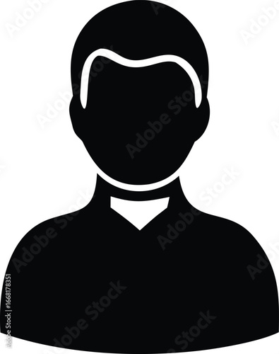 Simple black silhouette icon of a man's head and shoulders wearing a shirt with a collar