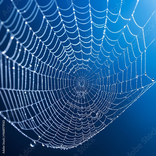 Water drops on a cobweb, blue abstract background
