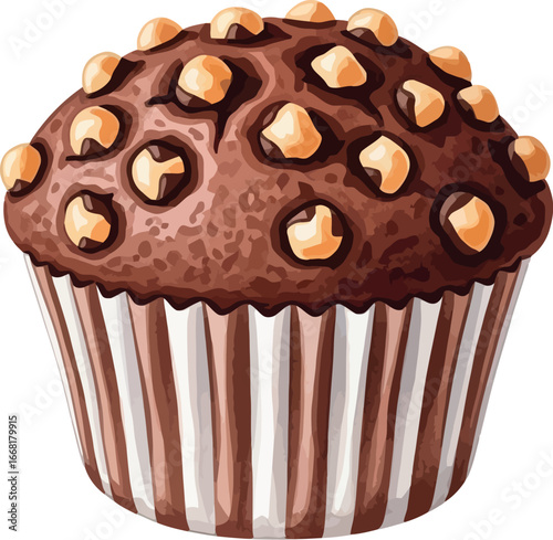 Delicious chocolate muffin topped with nuts and chocolate chips