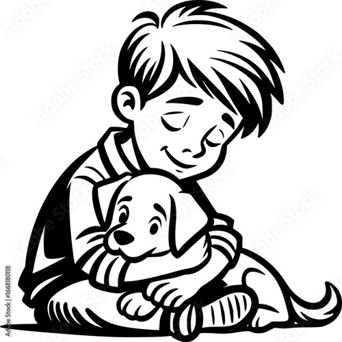 A Boy and His Pup: A young boy and a cuddly puppy share a tender moment of companionship. In this heartwarming illustration of love and affection.