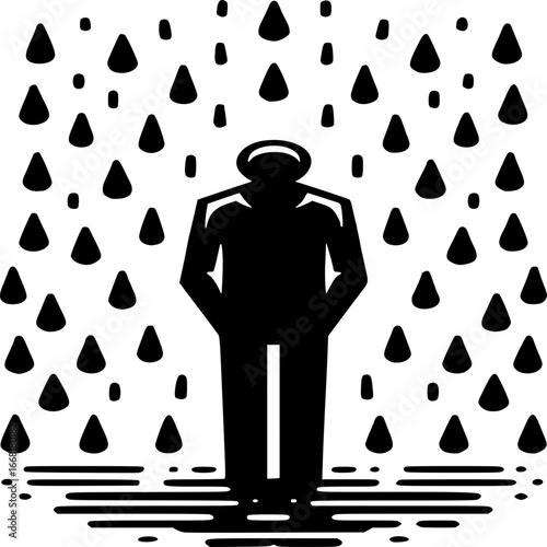 Solitary Person in the Rain: A lone individual stands stoically in a downpour, an artistic depiction of isolation, resilience, and the relationship between person and environment.