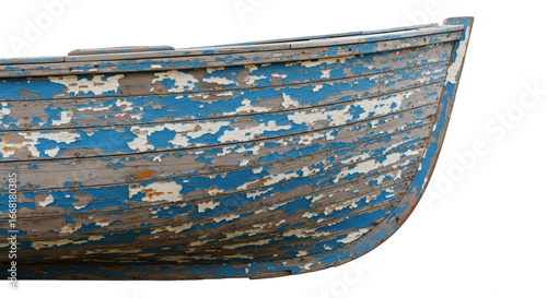 Old weathered wooden boat hull with peeling blue and faded white paint revealing aged wood grain, precise side view against transparent background, Concept of material decay