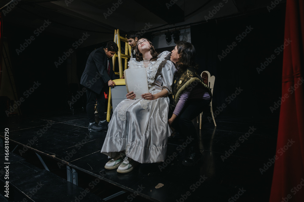 Obraz premium A group of actors perform expressively in a dramatic scene on a dark theater stage, emphasizing emotion and storytelling.