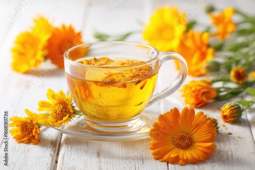 Calendula On Table. Aromatic Calendula (Marigold) Herbal Tea on White Wooden Surface