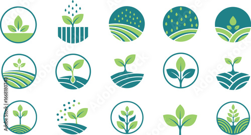 Collection of vibrant green plant sprout logos symbolizing growth and agriculture.