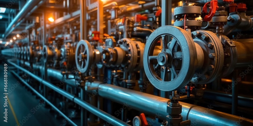 Fototapeta premium Complex network of pipes and valves within an industrial setting, emphasizing function.