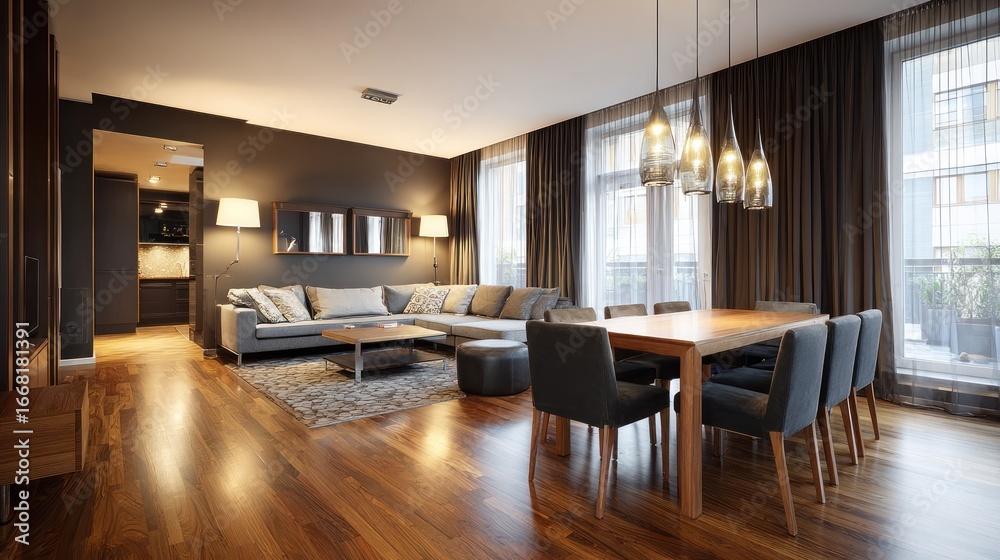 Fototapeta premium Modern open-plan apartment interior at night