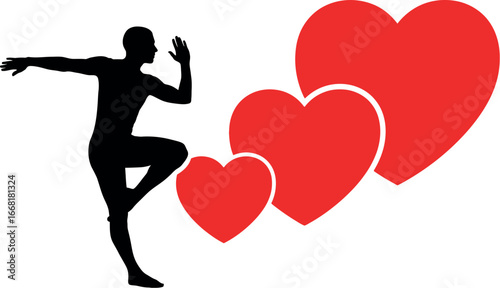 Athletic silhouette running towards vibrant red hearts symbolizing health and passion