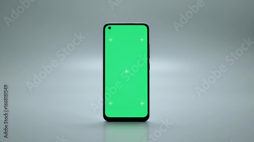 Modern Smartphone with Green Screen Display Mockup on Reflective Surface for App UI UX Design