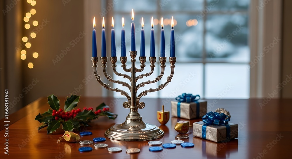 Fototapeta premium Hanukkah Gifts Under Menorah