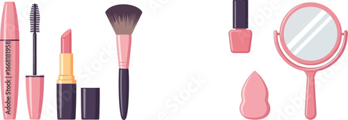 A collection of pink makeup essentials for beauty routines, including lipstick, mascara, a makeup brush, nail polish, a beauty blender, and a mirror.