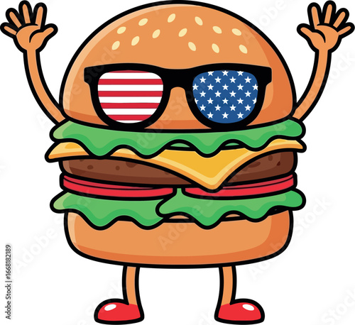 Joyful cartoon hamburger wearing American flag sunglasses with raised arms