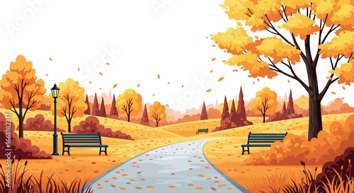 Serene park pathway bathed in warm autumn sunlight with vibrant foliage.