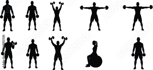 Silhouette dumbbell exercises, fitness poses, workout positions, strength training, gym activities, black vector icons, body posture, minimal design, health illustration, stock art
