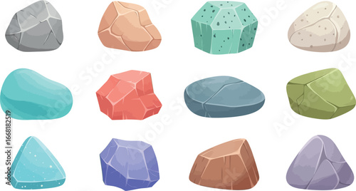 A colorful collection of diverse, stylized stones and rocks on a white background