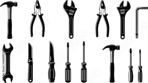 Silhouette hand tools, hammer, pliers, wrenches, screwdrivers, knives, hex key, black vector icons, construction, repair, maintenance, DIY equipment, minimal design, stock art