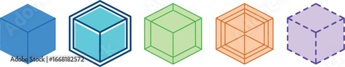 Abstract geometric cubes in a progression of transparency and color