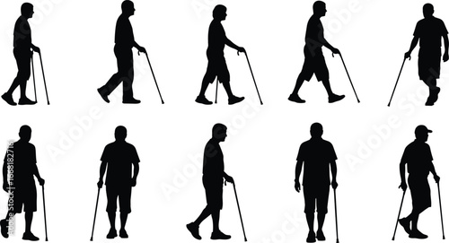 Silhouette people walking with canes, various postures and stances, mobility aid usage, black vector icons, rehabilitation, gait analysis, assistive device illustration, minimal design stock art