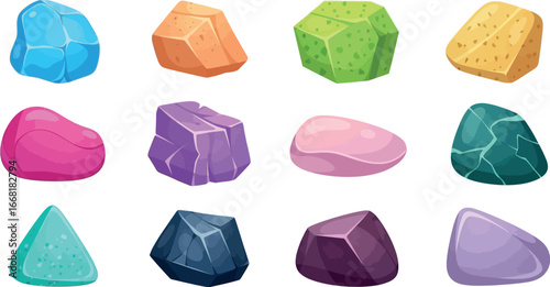 A vibrant collection of colorful gemstones and rocks with unique textures