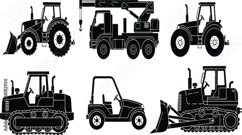 Silhouette construction vehicles, heavy machinery, tractor, bulldozer, crane truck, loader, utility cart, black vector icons