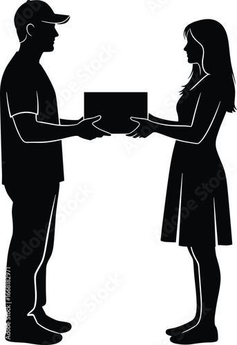 Silhouette delivery worker handing package to customer, parcel exchange, courier service, logistics concept, black vector icon, e‑commerce shipping, package handoff illustration