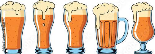 Five refreshing glasses of golden beer with frothy foam, perfect for celebrating.