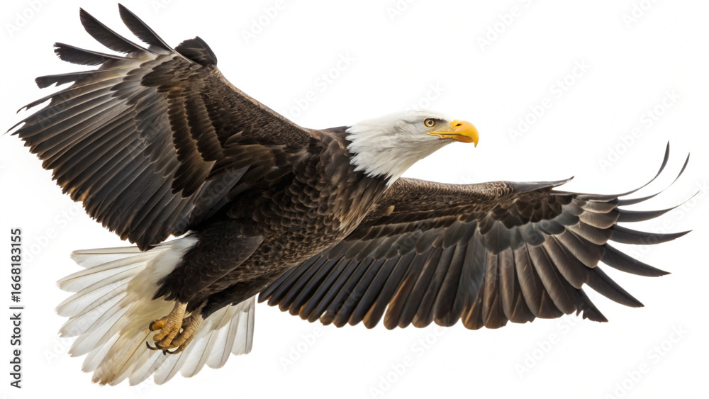 Fototapeta premium A majestic bald eagle soars gracefully through the air with its wings fully extended against white sky