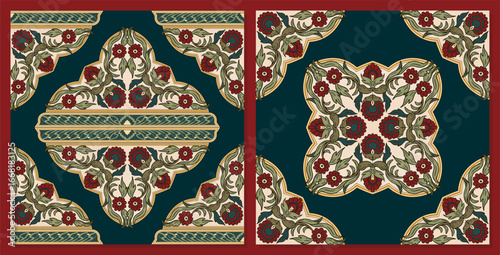 Vintage Islamic Floral Ornament Tile for Scarf, Rug, Label, Background, or Medieval Decoration