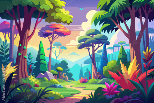 Green nature full of diverse trees, untouched forest, bright sky, relaxing atmosphere for design, suitable background image, inspiring natural environment and eye-catching landscape for artistic and c