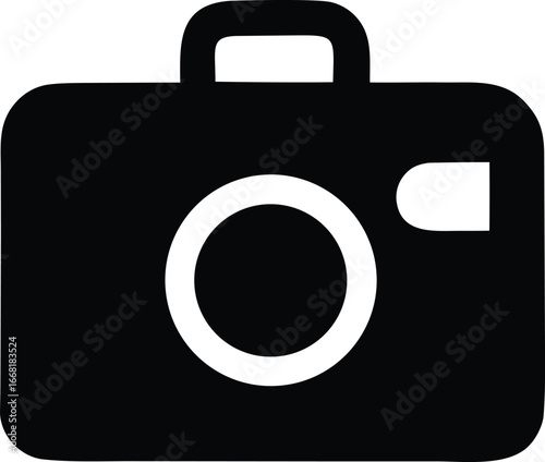 Simple black silhouette icon of a camera featuring a prominent lens and handle for photography concepts