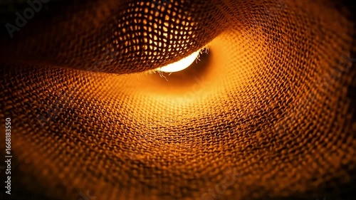 Close-up view of a warm light illuminating the textured interior of a burlap fabric tunnel