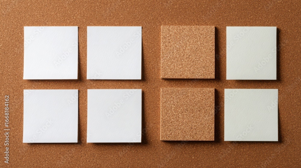 Fototapeta premium Empty white sticky notes arranged in two rows of three on a cork bulletin board, ideal for planning, reminders, or presentations.