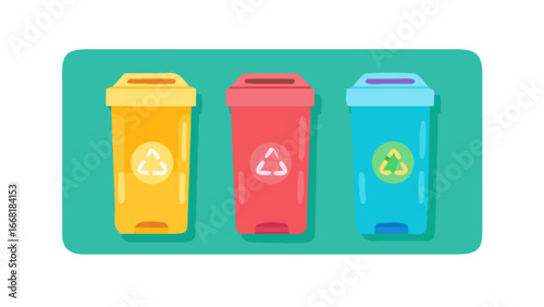 Vibrant recycling bins in yellow, red, and blue promote eco-friendly practices and waste reduction, ideal for educational materials, sustainability campaigns, and environmental awareness initiatives