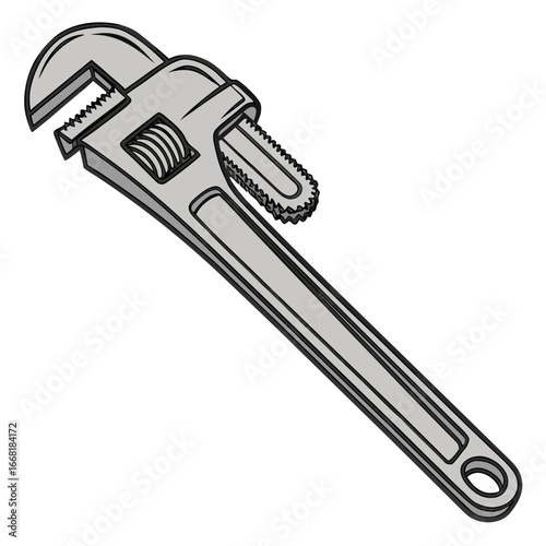 A silver pipe wrench with adjustable jaws and a textured grip on a white background