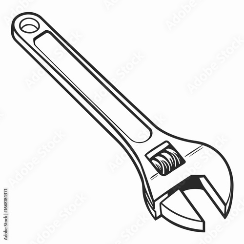 Black and white illustration of an adjustable wrench isolated on a white background