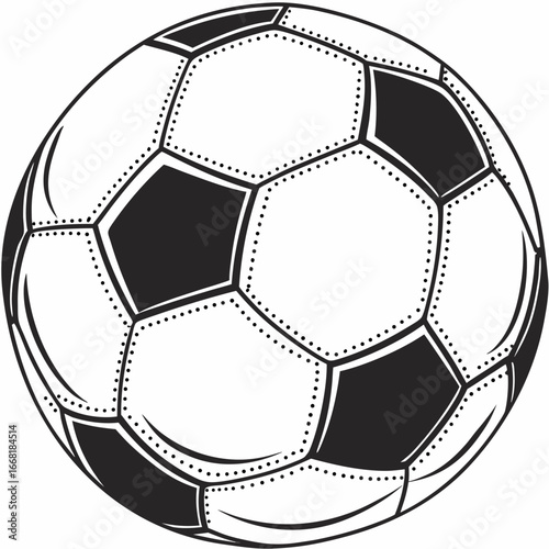 Classic black and white soccer ball with pentagon and hexagon panels and dotted stitching