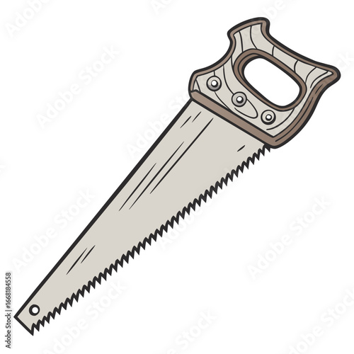 Classic wooden handled hand saw with a sharp metal blade isolated on white background