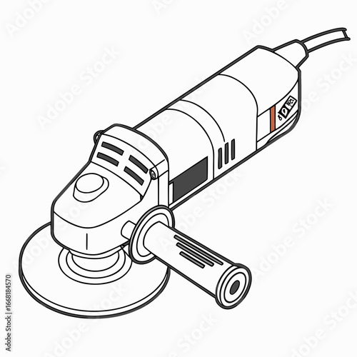 Clean line art illustration of a modern electric angle grinder with a side handle and power cord