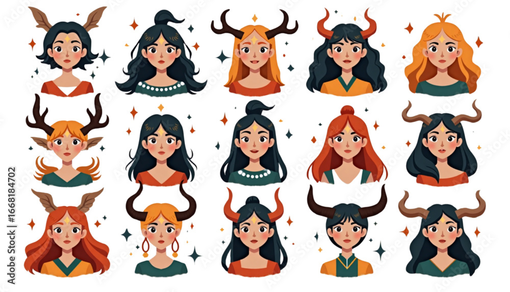 Obraz premium Whimsical portraits of female characters with diverse hairstyles and horned designs