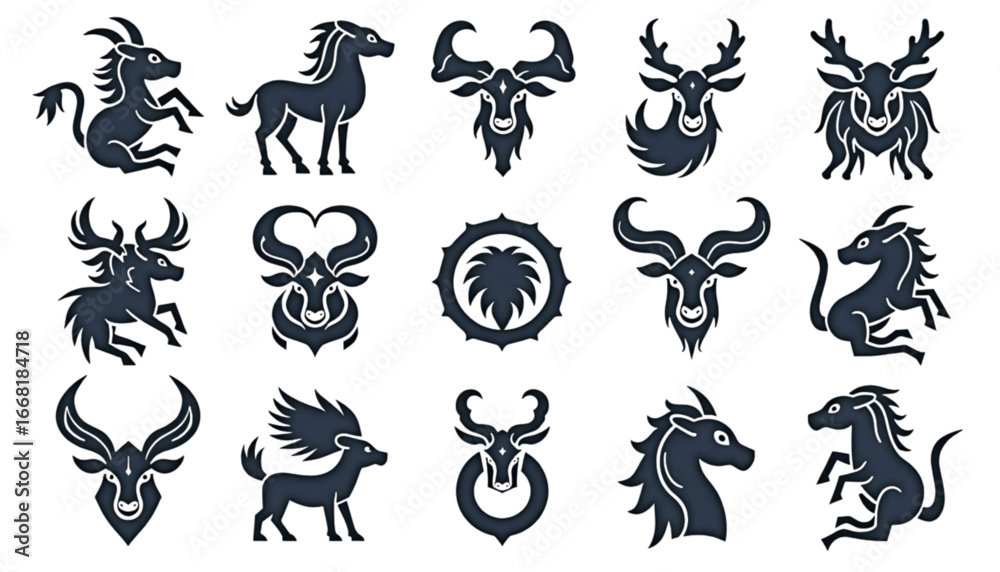Fototapeta premium Dark blue silhouettes of animals and mythical symbols in a modern design