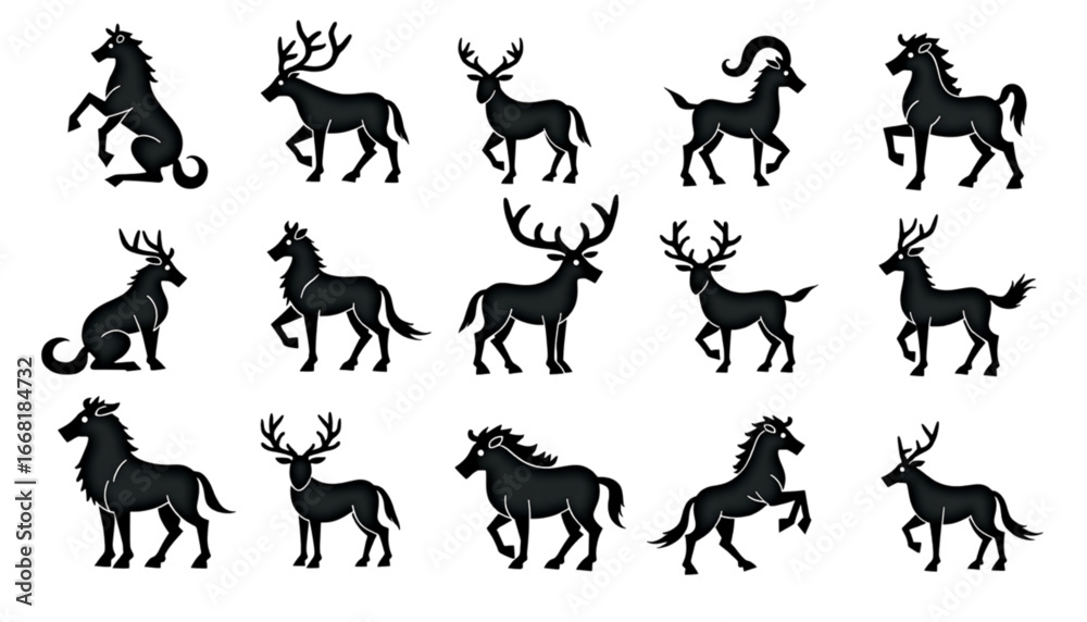 Obraz premium Black silhouettes of horned animals in various postures presented in a minimalist design