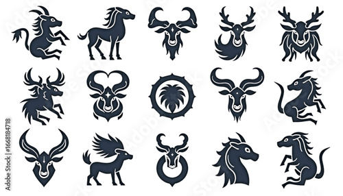 Dark blue silhouettes of animals and mythical symbols in a modern design