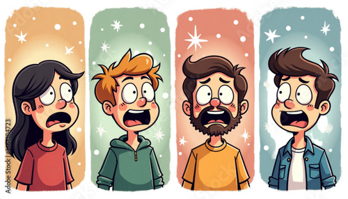 Cartoon characters showing shocked expressions in a whimsical and colorful design