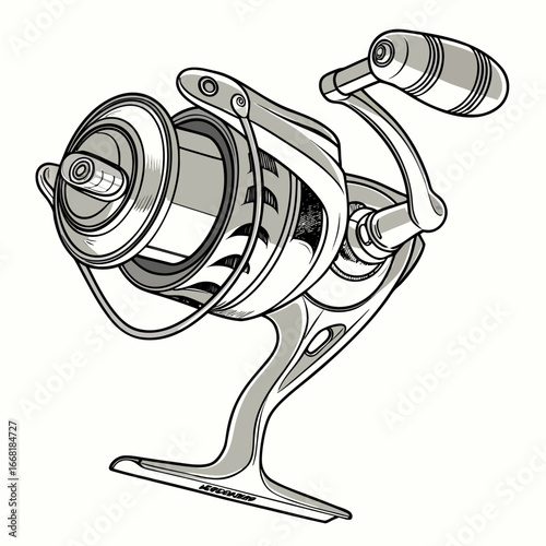 Detailed illustration of a modern spinning fishing reel with a black and white artistic sketch style