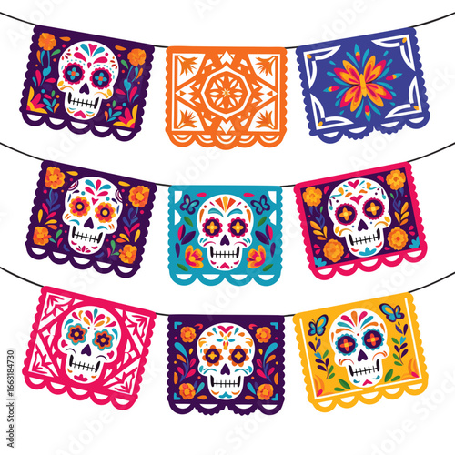 Papel picado banner with colorful skulls and floral patterns for Dia de los Muertos decoration