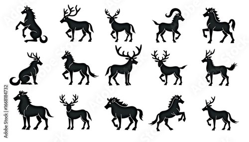 Black silhouettes of horned animals in various postures presented in a minimalist design