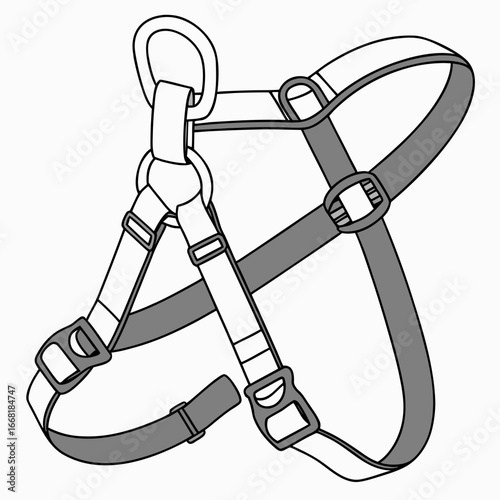 Detailed illustration of a safety harness with adjustable straps and metal buckles on a white background