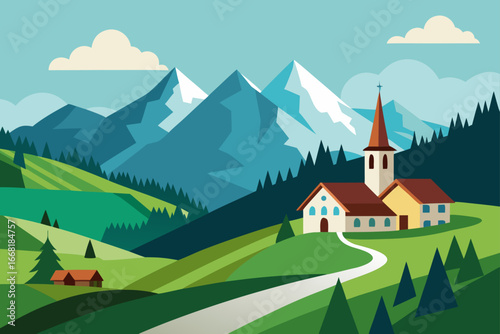 Alpine village with snow capped mountains and church